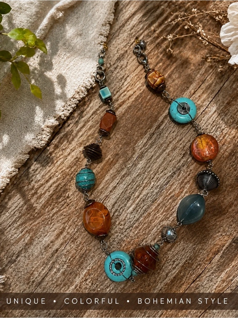 Chico’s Bohemian Mixed Media Beaded Statement Necklace NWT Faux Turquoise Amber